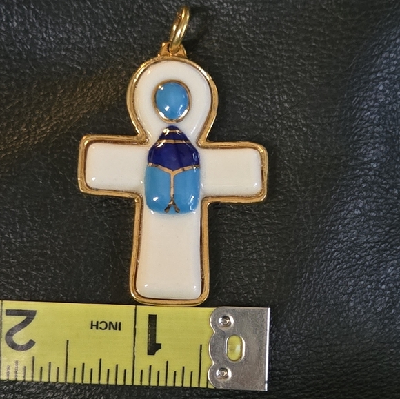 Blue & gold vintage Egyptian porcelain Ankh & Scarab pendant - Picture 6 of 6